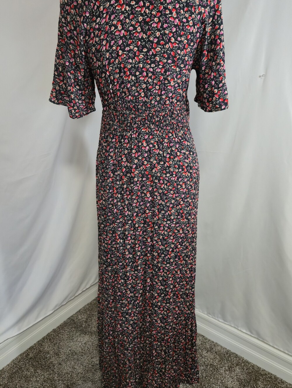 Love Stitch Black Floral V-Neck Maxi Dress with Pink and Red Blossoms - Picture 6 of 10